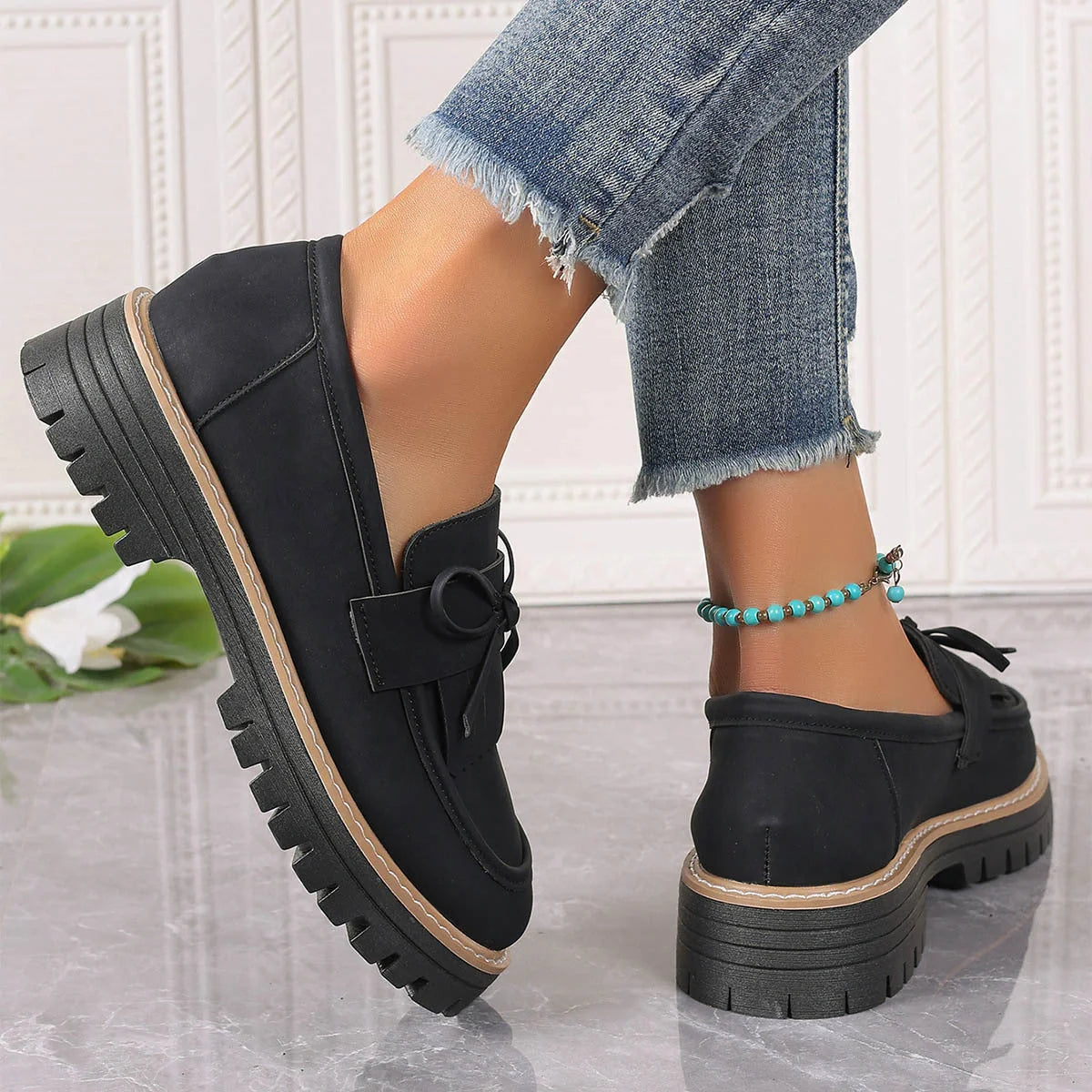 British-style women's buckle loafers with thick sole for added height