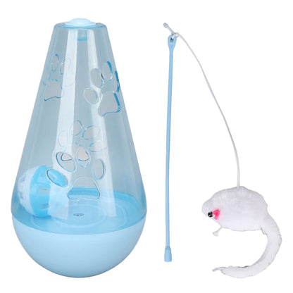 Blue and yellow cat toy with bell ball and plush mouse wand for indoor play