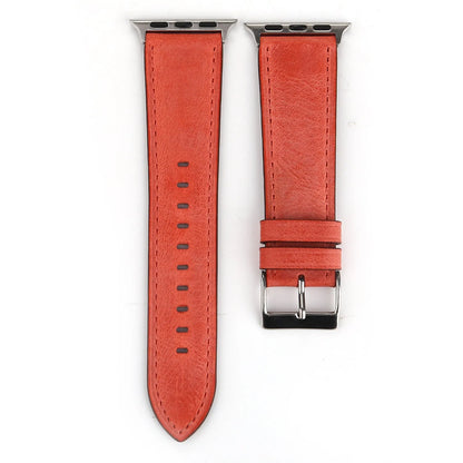 Leather watch strap with a folding buckle in blue, shown next to brown, green, orange, pink, and yellow colour options.