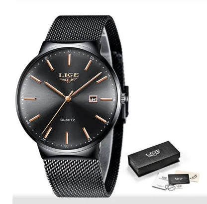 Men's stainless steel watch with 40mm dial on wrist, showing all-black colour option