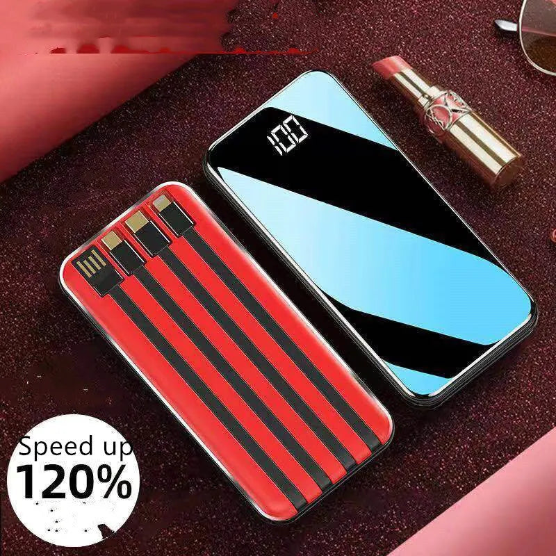 Portable power bank with digital display showing battery percentage and multiple charging ports