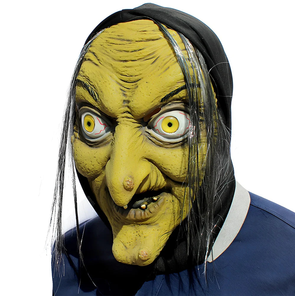 Latex witch mask with elastic strap showing realistic facial wrinkles and pointed nose design for Halloween costumes
