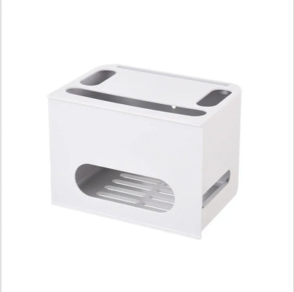 A grey and a white plastic storage box for organising a wireless router and its cables.