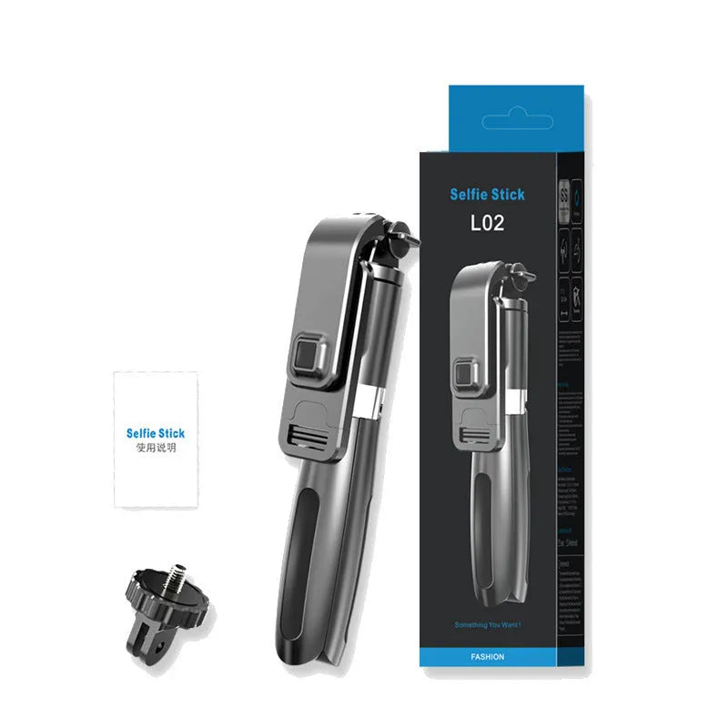 Black and white Bluetooth selfie stick extended with phone mounted, showing wireless remote and tripod base