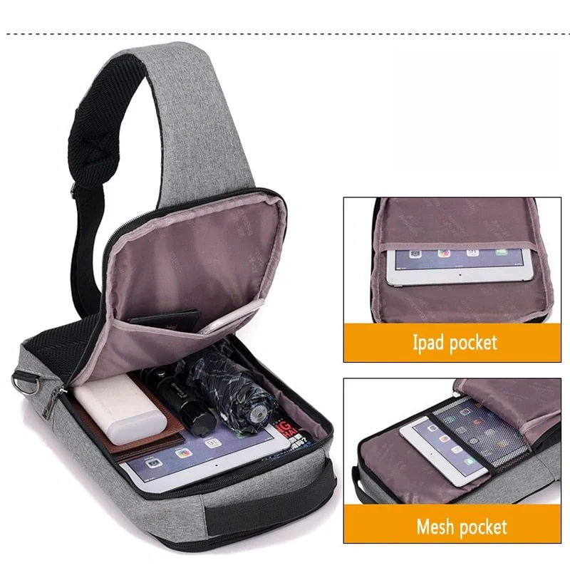 Anti-theft USB charging chest bag in polyester with computer pocket