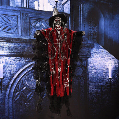 Spooktacular hanging ghost decoration with resin skeleton, shroud-like cloth, and terrifying sound and light effects