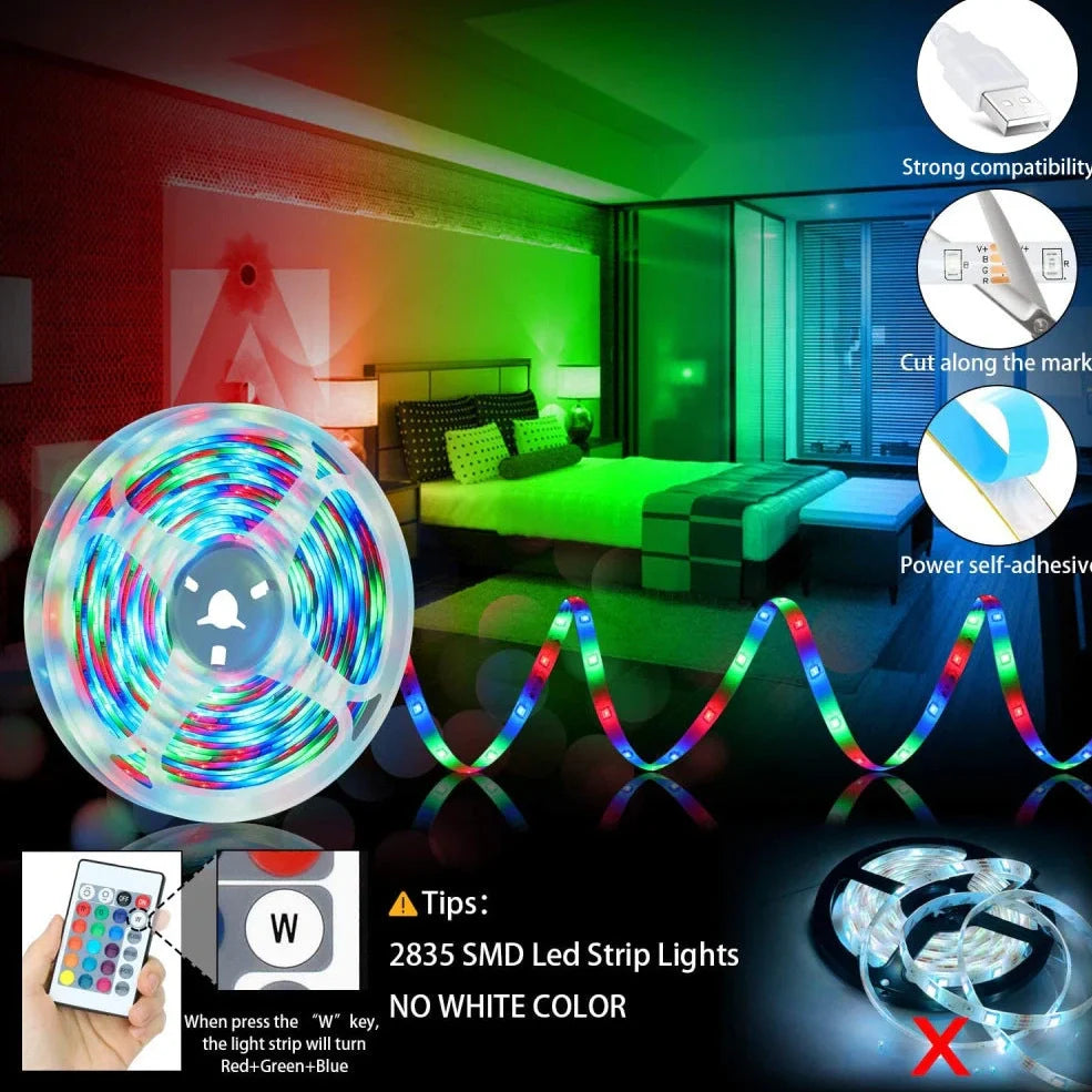 RGB LED strip lights with Bluetooth controller showing colour changing capability and flexible installation
