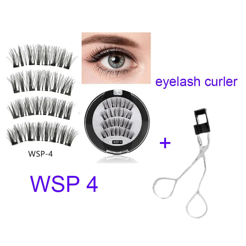 Four magnet false eyelashes in imported fibre with hand made construction and optional eyelash curler