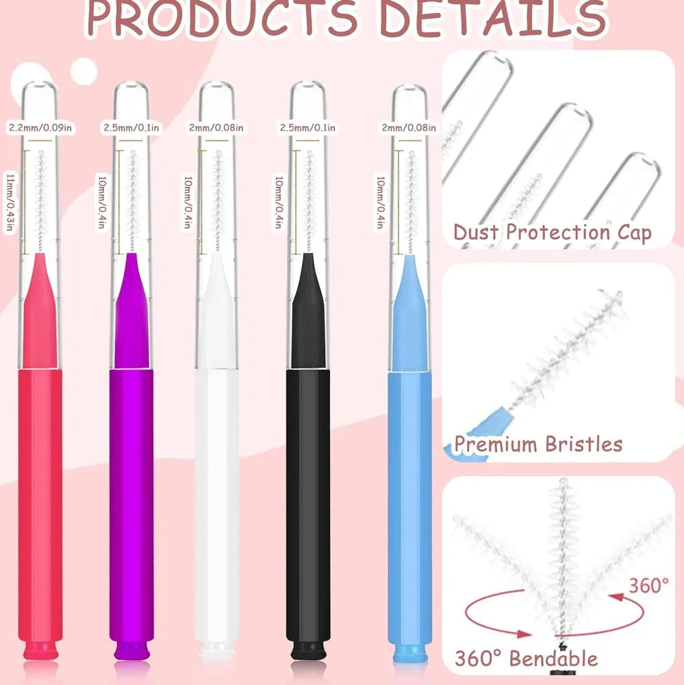 Micro eyebrow and lash brush set with bendable heads in five colours, including spoolies and protective caps