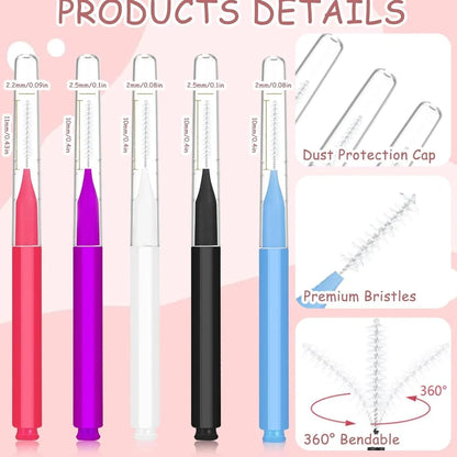 Micro eyebrow and lash brush set with bendable heads in five colours, including spoolies and protective caps