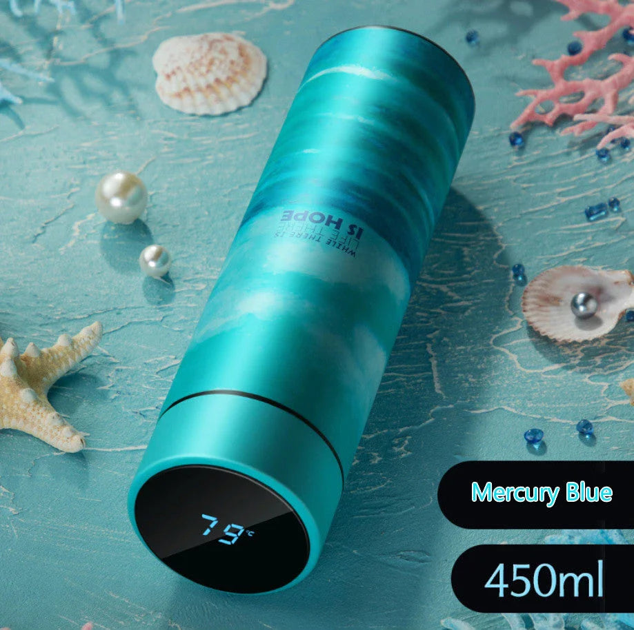 Sleek stainless steel vacuum flask with LED temperature display in various colors and capacities