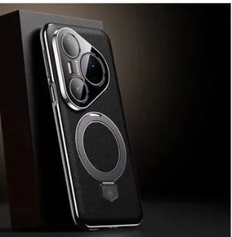 Magnetic rotating bracket phone case for Huawei Pura 70/80 in Obsidian Black frosted feilin leather with fall protection