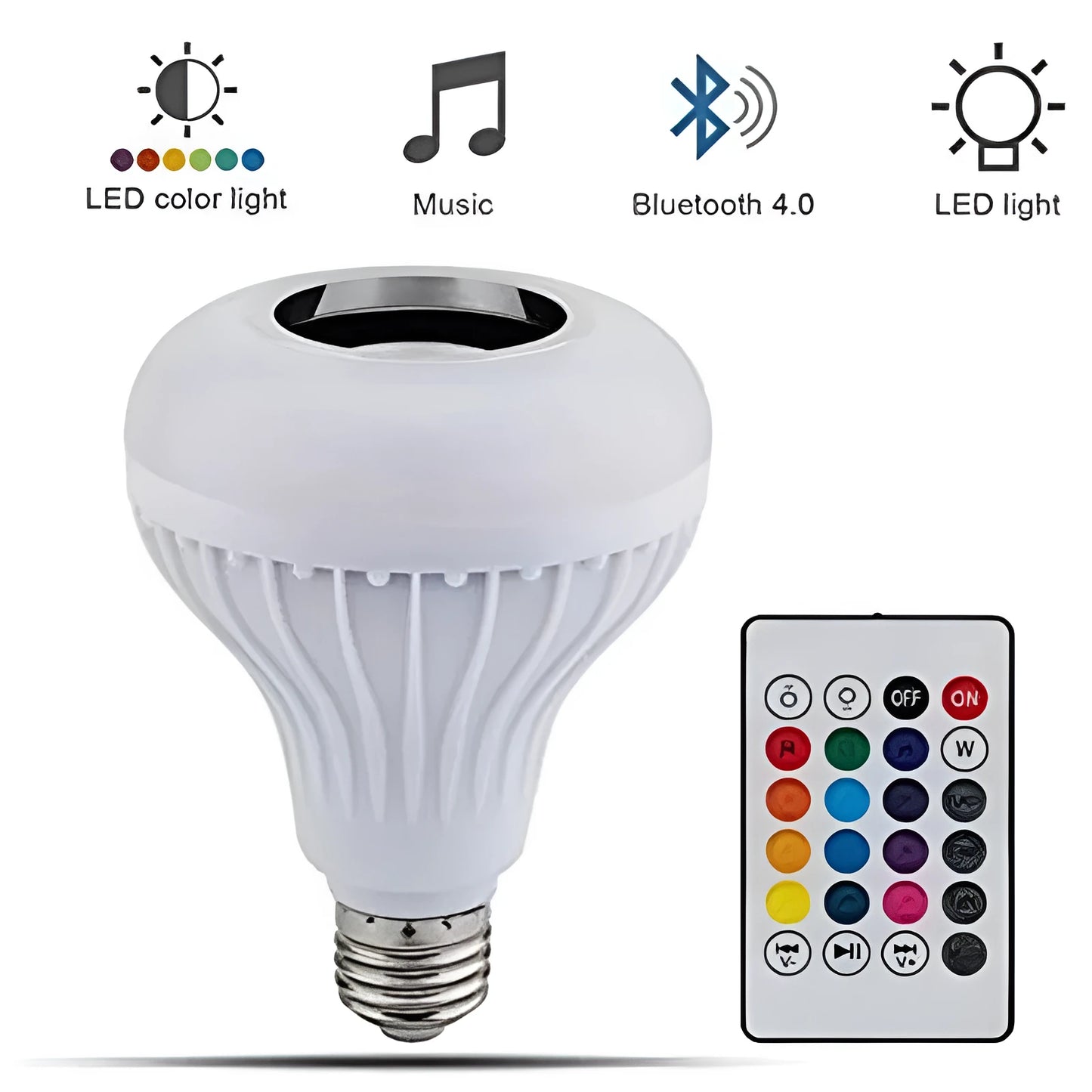 White smart Bluetooth LED bulb speaker with E27 base and remote control for RGB lighting