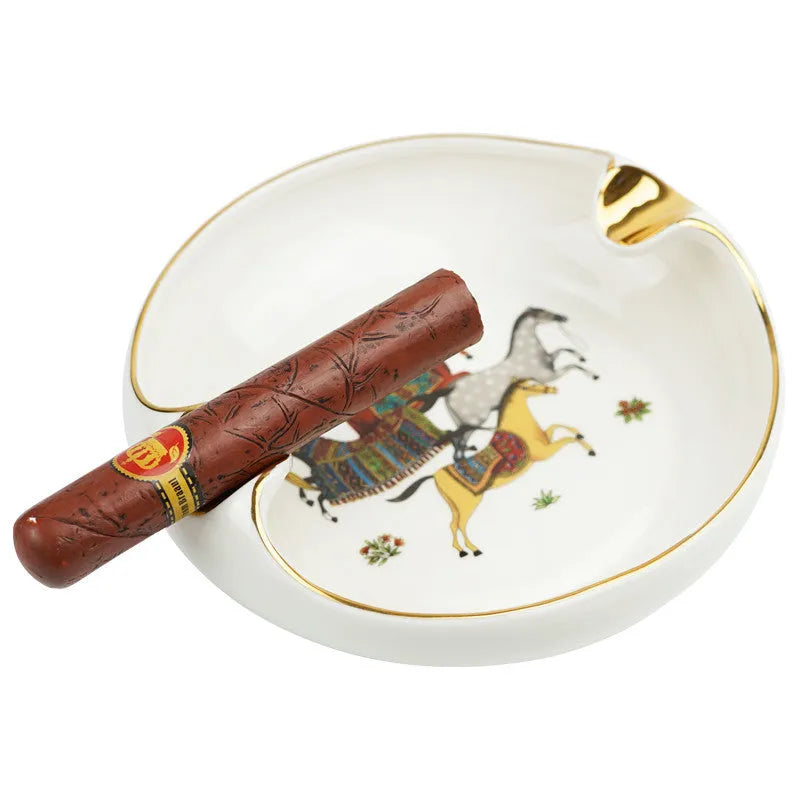 Handmade bone ceramic cigar ashtray with gold drawing finish, square 175mm size.