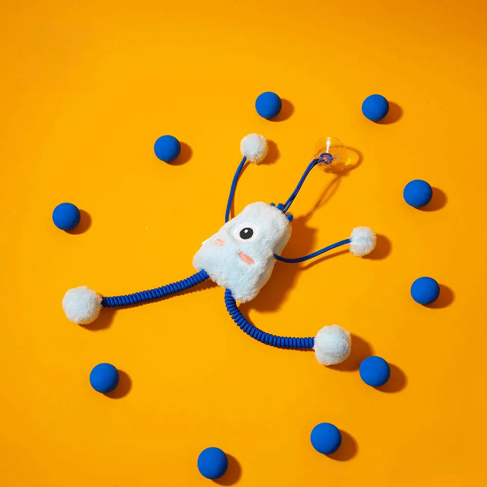 Blue telescopic cat toy with elastic rope, 30cm plush ring, and mint bell