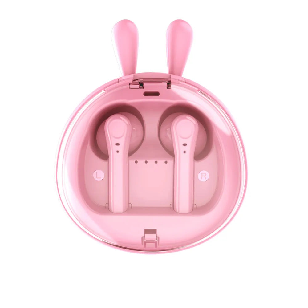 Macaron Red true wireless Bluetooth 5.0 headset with in-ear design showing battery display