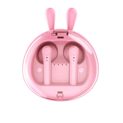 Macaron Red true wireless Bluetooth 5.0 headset with in-ear design showing battery display
