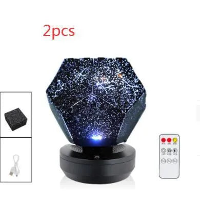 Plastic starry sky projection night light showing constellations on a bedroom ceiling, with remote control.