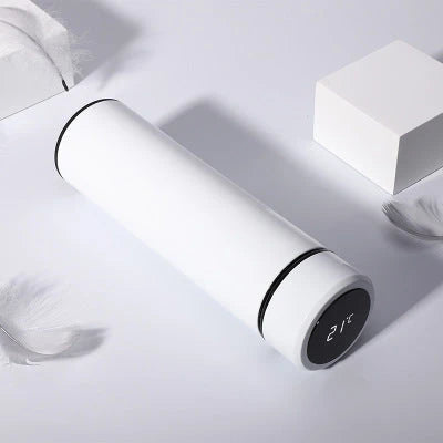 Sleek stainless steel vacuum flask with LED temperature display in various colors and capacities