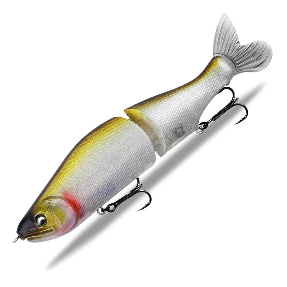 A 185mm hard plastic fishing swim bait in a natural green colour with detailed scales and 3D eyes.