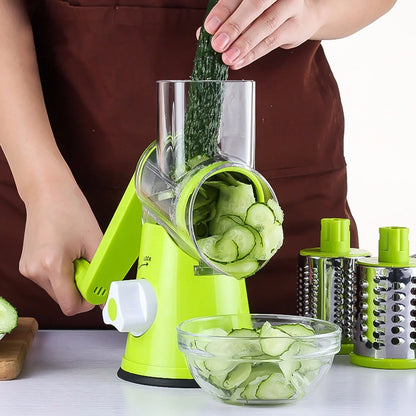 Round mandoline slicer with stainless steel blades for versatile kitchen use