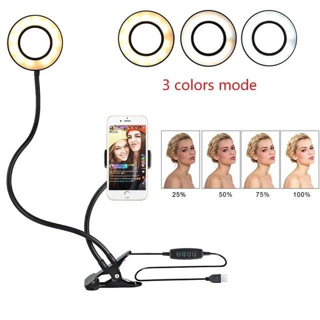 Adjustable LED Selfie Ring Light with universal phone holder and USB power