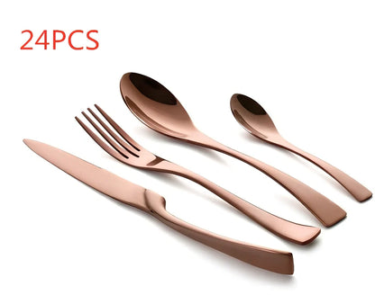 Black stainless steel cutlery set with mirror polish finish showing fork, knife, coffee spoon, soup spoon, steak knife