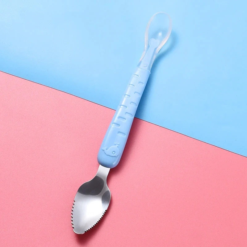 Stainless steel dual-headed baby food spoon in various colours for easy feeding