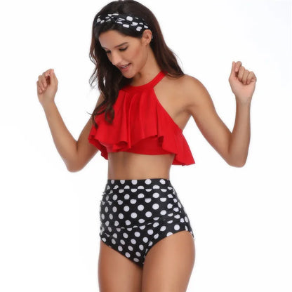Nylon one-piece swimsuit with chest pad, available in flower, orange, and red, adult and child sizes.