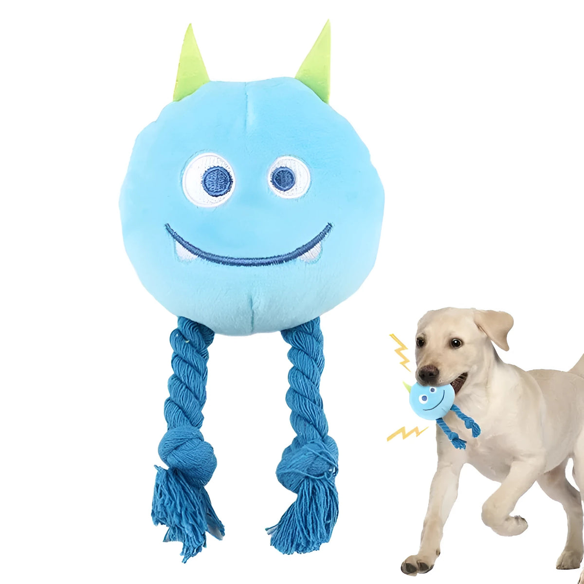 Blue and yellow cotton rope dog squeaky toy with knot design and PP cotton filling