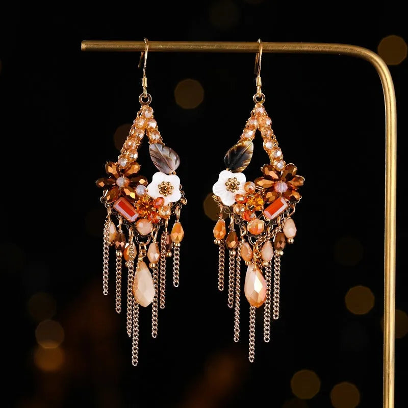 Hand-woven retro bohemian ethnic style exaggerated long earrings in artificial crystal and alloy