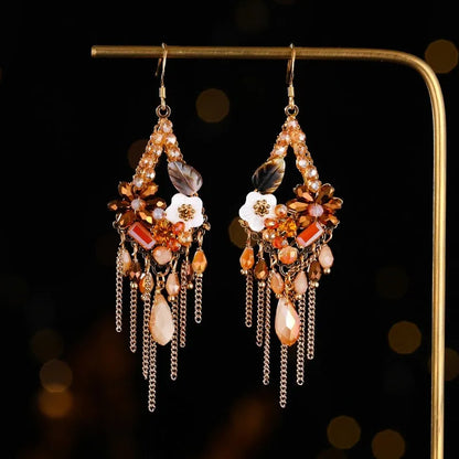 Hand-woven retro bohemian ethnic style exaggerated long earrings in artificial crystal and alloy