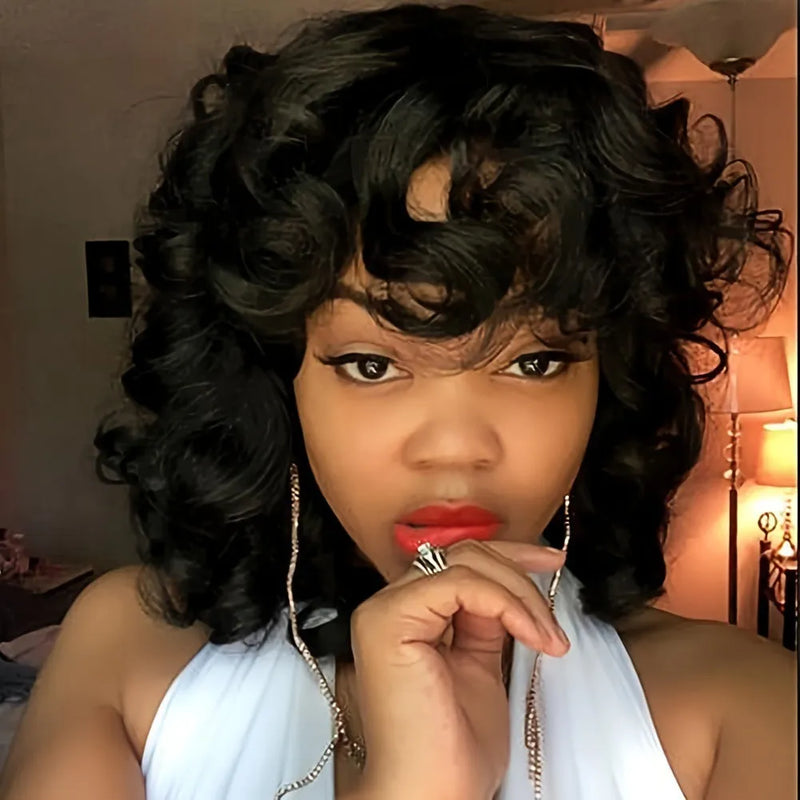 Women's short Afro wig synthetic hairpiece with high temperature fibre for European and American styling, available in classic black with exotic long curly texture, suitable for daily wear and can be heat styled