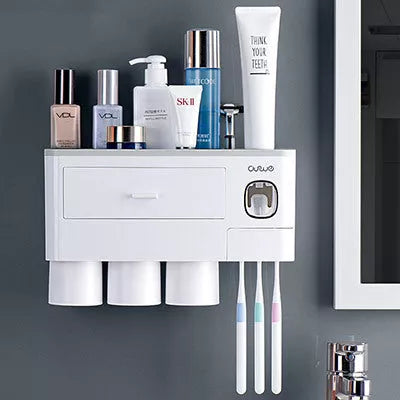 Non-marking hanging magnetic toothbrush holder with toothpaste squeezer and quick-drying cups