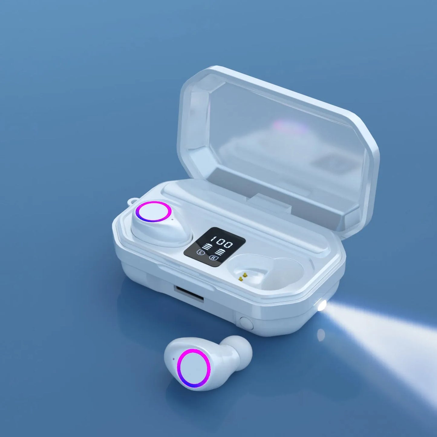 Black and white wireless Bluetooth earplug headphones with a charging case featuring an LED digital power display.