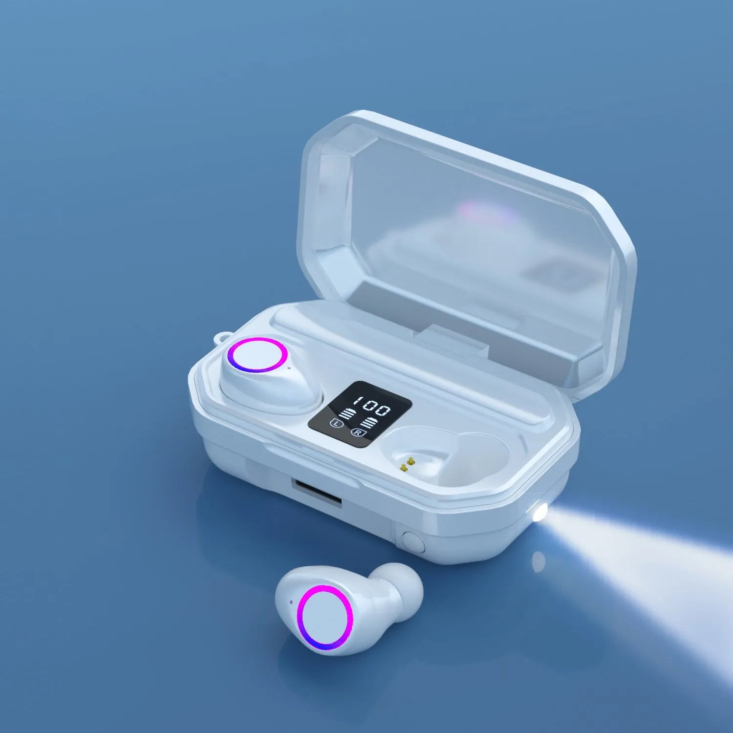 Black and white wireless Bluetooth earplug headphones with a charging case featuring an LED digital power display.