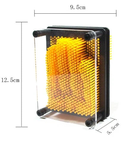 A customizable 3D sculpture impression frame with an array of pins that can capture the contours of any object pressed into it.