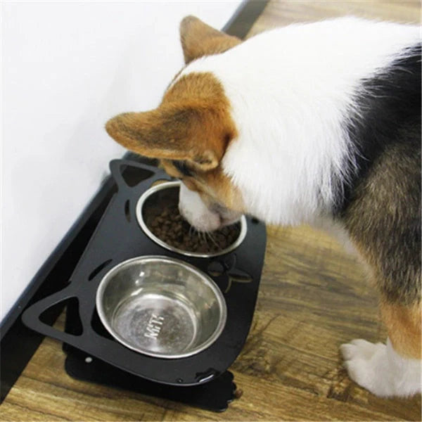 Anti-falling cat dog feeding water bowl in stainless steel with inclined design