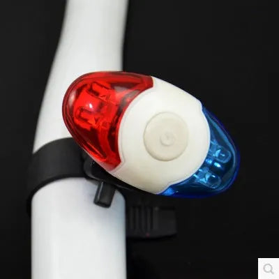 Red and blue LED tail light with adjustable mounting base shown in horizontal and vertical positions.