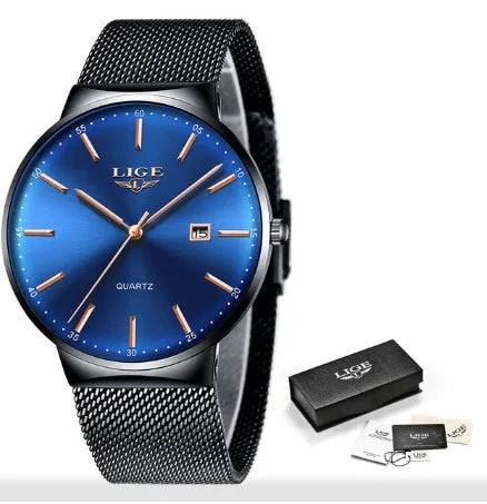 Men's stainless steel watch with 40mm dial on wrist, showing all-black colour option