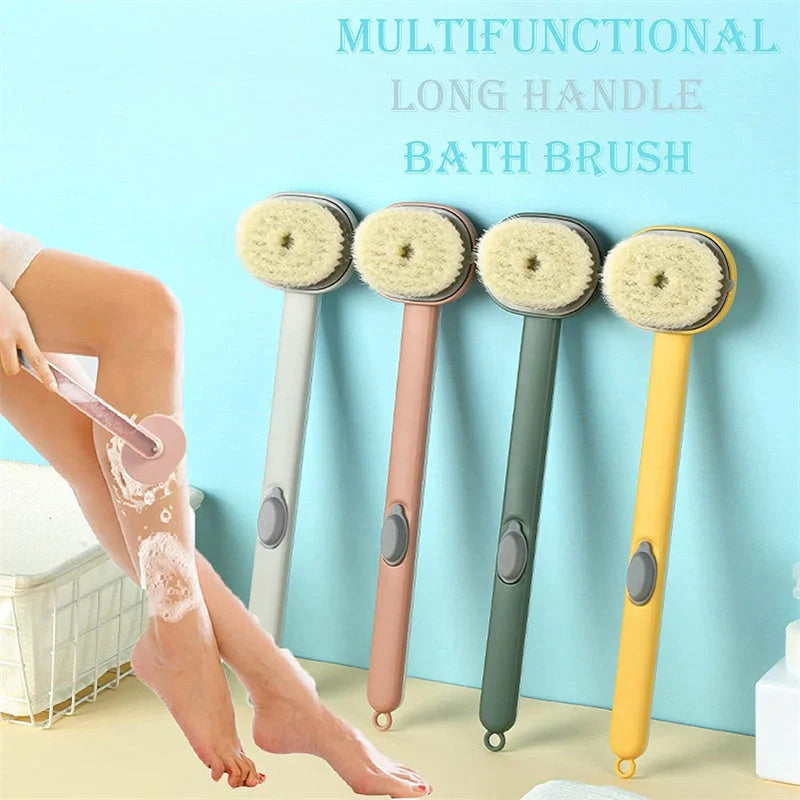 Dual-purpose shower brush with ergonomic handle and detachable head in yellow, grey, green, and pink