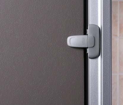 Refrigerator child safety lock in white and grey, featuring a T-type double button for adult one-handed operation