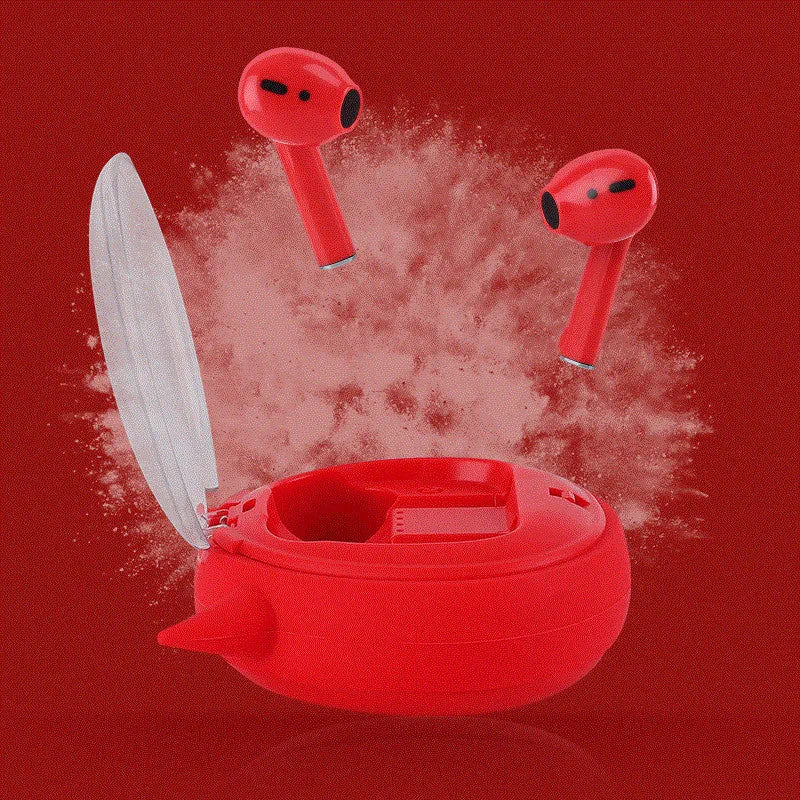 Macaron Red true wireless Bluetooth 5.0 headset with in-ear design showing battery display