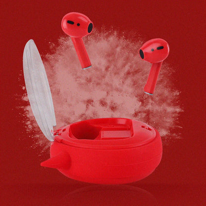 Macaron Red true wireless Bluetooth 5.0 headset with in-ear design showing battery display