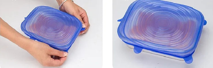Set of six flexible silicone pot lids in assorted sizes on a kitchen counter.