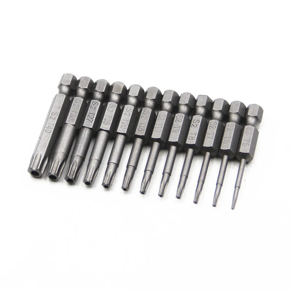 Hexagon handle alloy screwdriver bit set showing 50mm, 75mm, and 100mm lengths for Type 0 plum blossom hollow screws.