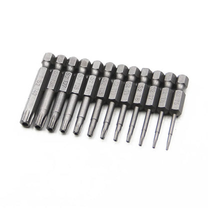Hexagon handle alloy screwdriver bit set showing 50mm, 75mm, and 100mm lengths for Type 0 plum blossom hollow screws.