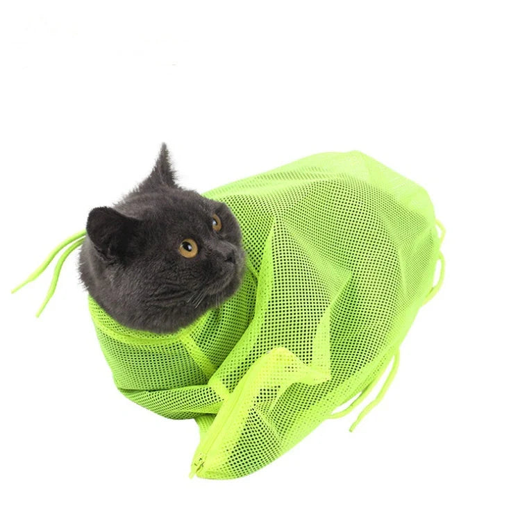Adjustable polyester cat grooming bag with front zipper for easy access