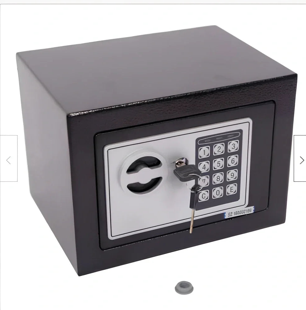 White mini office safe 230x170x170mm with password lock and 1/2mm panels on desk
