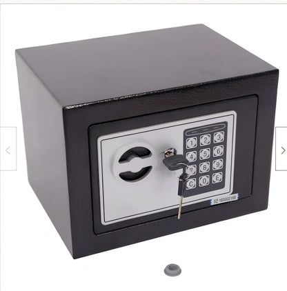 White mini office safe 230x170x170mm with password lock and 1/2mm panels on desk